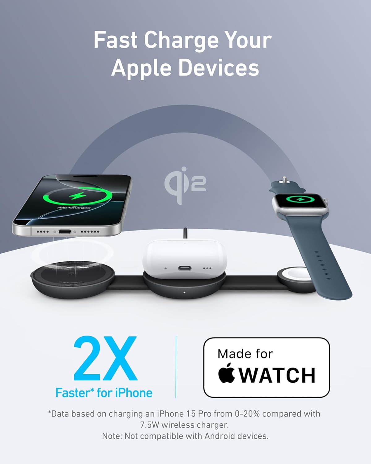 Restored Anker MagSafe Compatible MagGo UFO 3-in-1 Charger, iPhone 17 Wireless Charging Station, 15W Qi2 Certified, Foldable Travel Charging Pad (Refurbished)