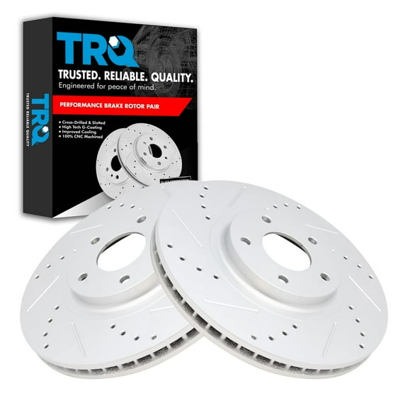 TRQ Front Performance Brake Rotor Drilled Slotted Pair Set for 350Z / 370Z / Altima / EX35 / EX37 / FX35 / FX45 / G25 / G35 / G37 / M35 / M35h / M37 / M45 / M56 / Maxima / Murano / QX50 / QX70
