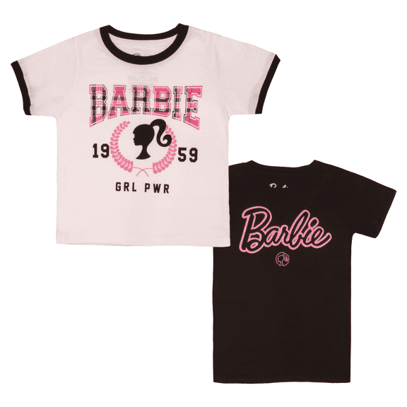 Barbie Girls Tee Varsity Text 1959 GRL PWR Babie Logo Silhouette T-shirts for Girls 2-Pack Bundle Set (Sizes 4-16)
