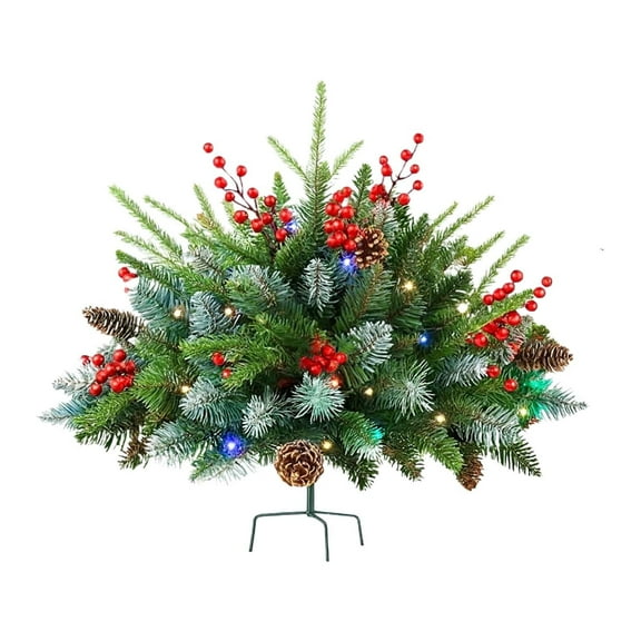 WMGHA Lighted Artificial Christmas Urn Filler, Pre-lit Xmas Pine Trees with Cones, Golden & Red Berries, Tripod Stake and LED Lights, Outdoor Light Up Planter Filler Holiday Home Decor