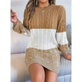 thumbnail image 2 of Women'S Autumn Winter Elegant Patchwork Lantern Sleeve Cable Knit Sweater Dress Khaki M, 2 of 7