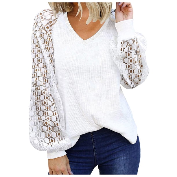 ICHUANYI Clearance Fashion Woman V Neck Hollow out Long Sleeve T Shirt Solid Blouse Tops(White, XXL) ICHUANYI WER2023081001665