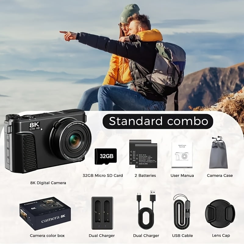 8K Digital Camera 88MP with 3" 180° Flip Screen, 18x Zoom, Autofocus, Lens Cover, Optional 32GB Card, Dark Gray