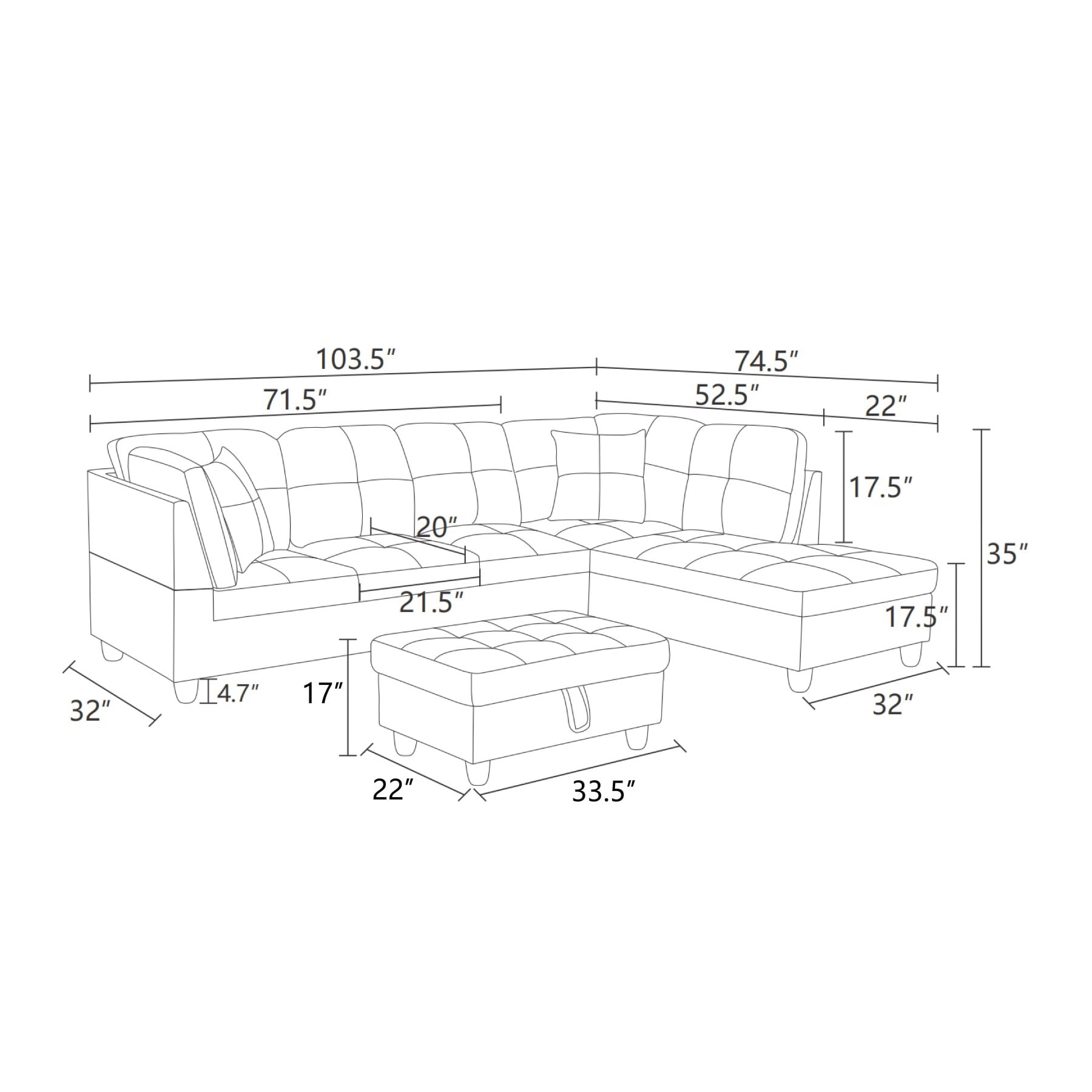 Hommoo Lint & PVC L-Shaped Sectional Couch and Sofa Set, Modern Living Room Furniture Set, Right Side, Beige and Brown