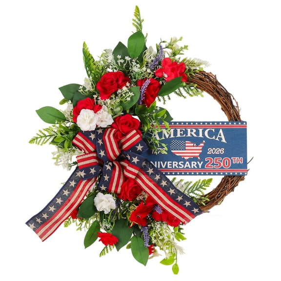 250th Anniversary Patriotic Wreath, Red White and Blue Floral Grapevine Wreath, 4th of July Decor for Memorial Day, Veterans Day, Home Porch Wall Decor 17.72×17.72 Inch