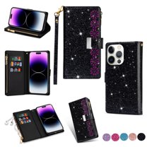 Wallet Case for iPhone 15 Pro, Glitter Bling Flip Folio Leather Protective Magnetic Stand Zipper Purse Phone Cover with Card Slot Holder Wrist Strap for Women,
Black