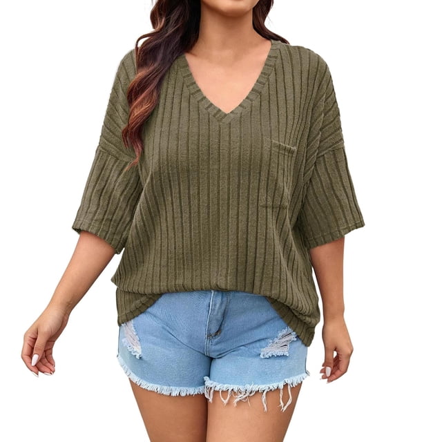 vdgthytj Womens Plus Size Tops Short Sleeve V-Neck Ribbed Knit Sweater Loose Fitted Summer Casual Tunic with Pocket