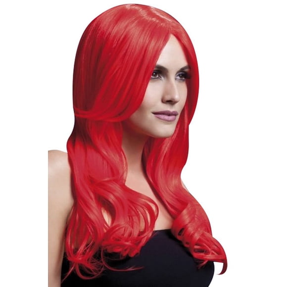 Peluca Smiffys Fever Khloe, color rojo neón, onda larga con raya central