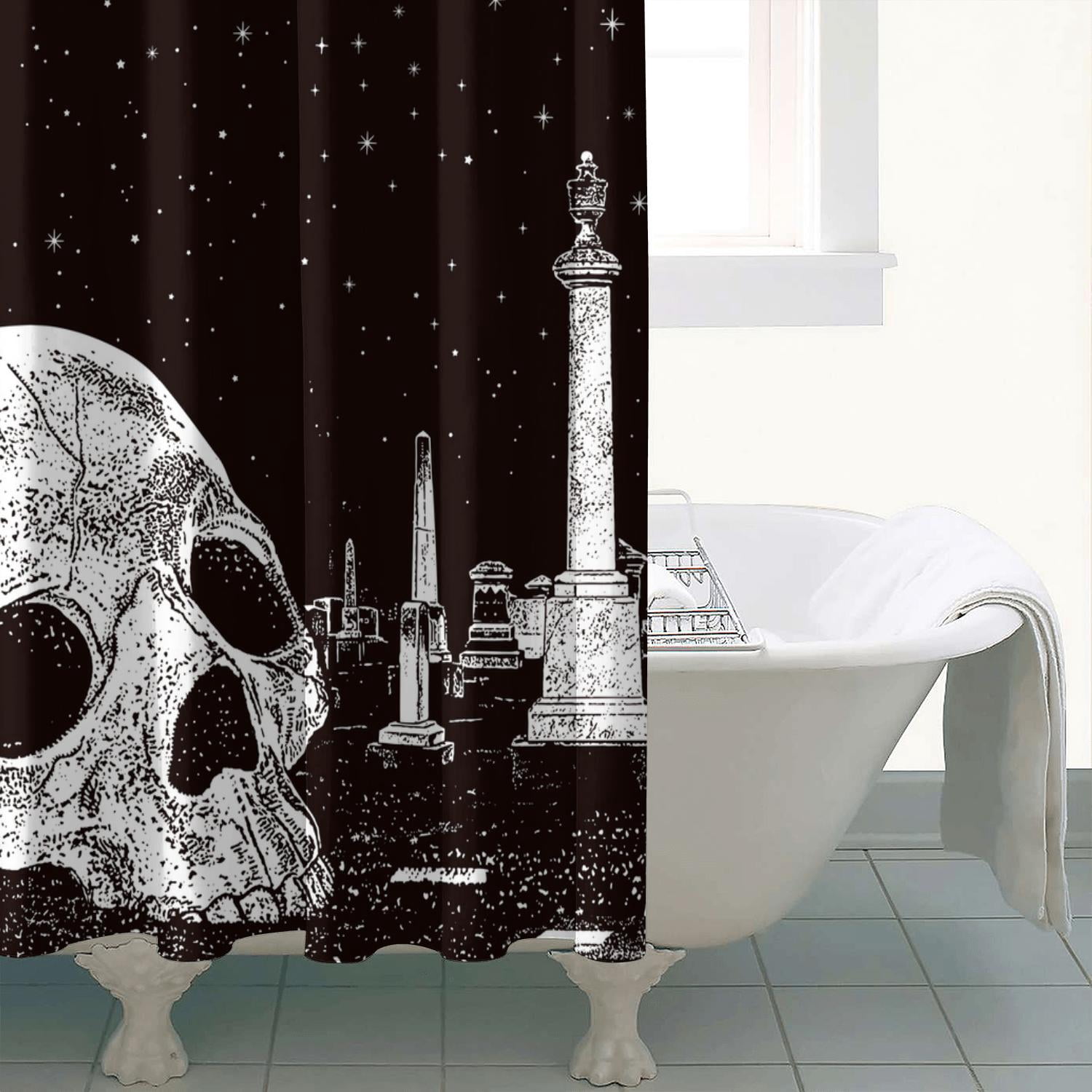 Halloween Shower Curtain 72x72inch Gothic Black White Sugar Skull Skeleton Shower Curtain Spooky Bathroom Set Moon Crow Bathtub Accessoriess Decor, Sets with 12 Hooks