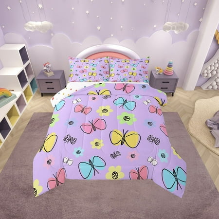 Erosebridal Colorful Butterfly Comforter Sets Queen Size Purple Pink Bedding Queen Comforter Set Microfiber Reversible Bedding Sets Queen with Comforter Cartoon Decoration