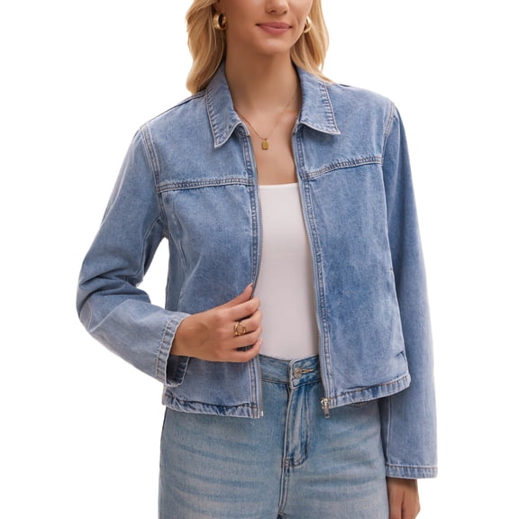 DARING DIVA Women's Lightweight Zip Up Collar Denim Jacket S Light Blue