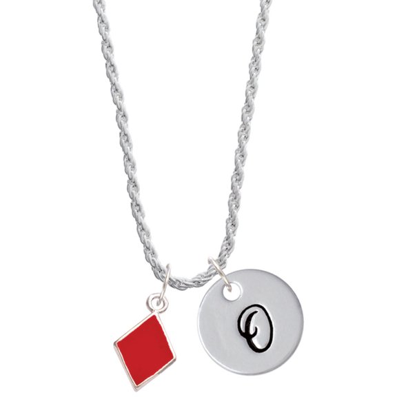 Delight Jewelry Silvertone Card Suit - Red Diamond Silvertone Script Initial Disc - O - Charm Necklace, 20"+3"
