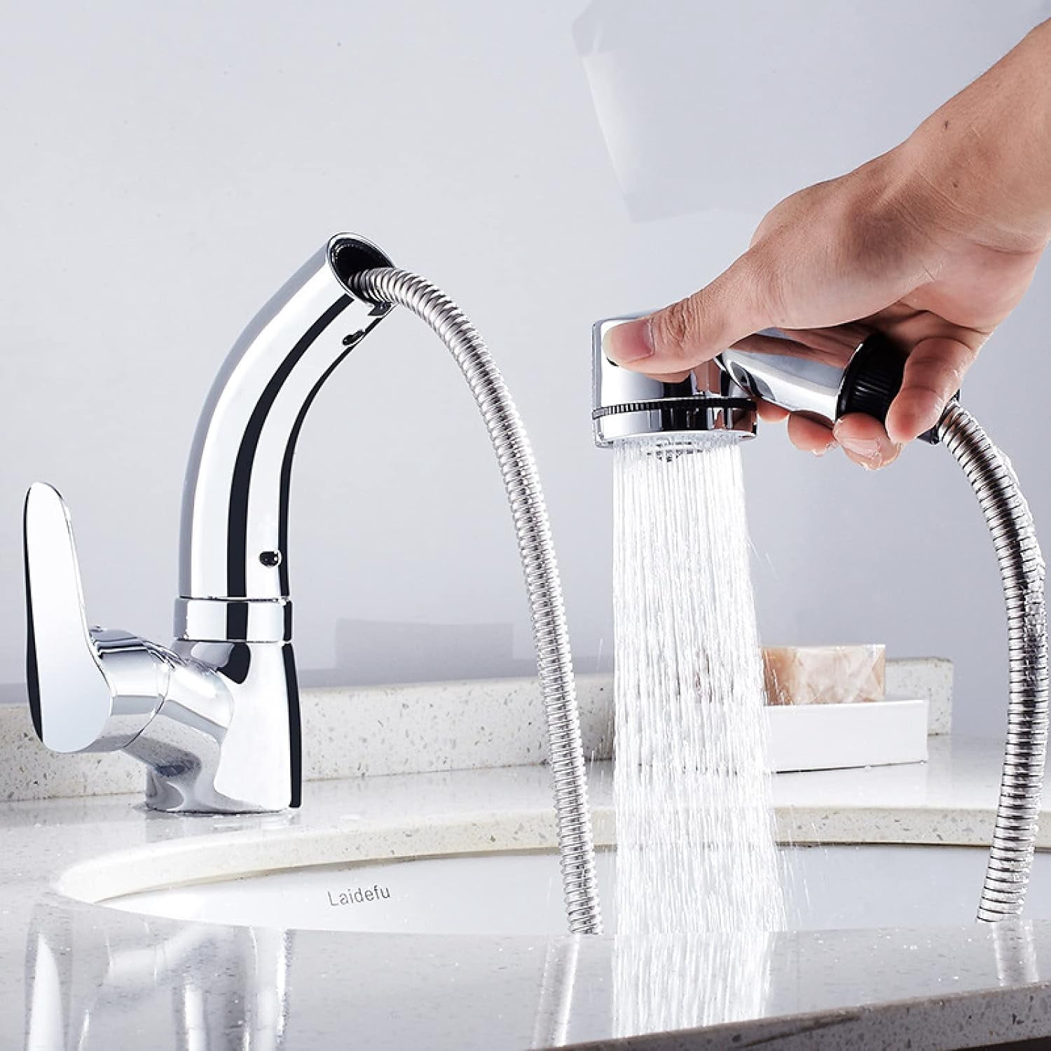 Bathroom Sink Faucet Pull Out Sprayer Dual Mode Mixer Tap for Hot and Cold Water Liftable Single Handle 360° Swivel Single Hole Pull Down Lavatory Faucet Retractable Basin Faucet,Black