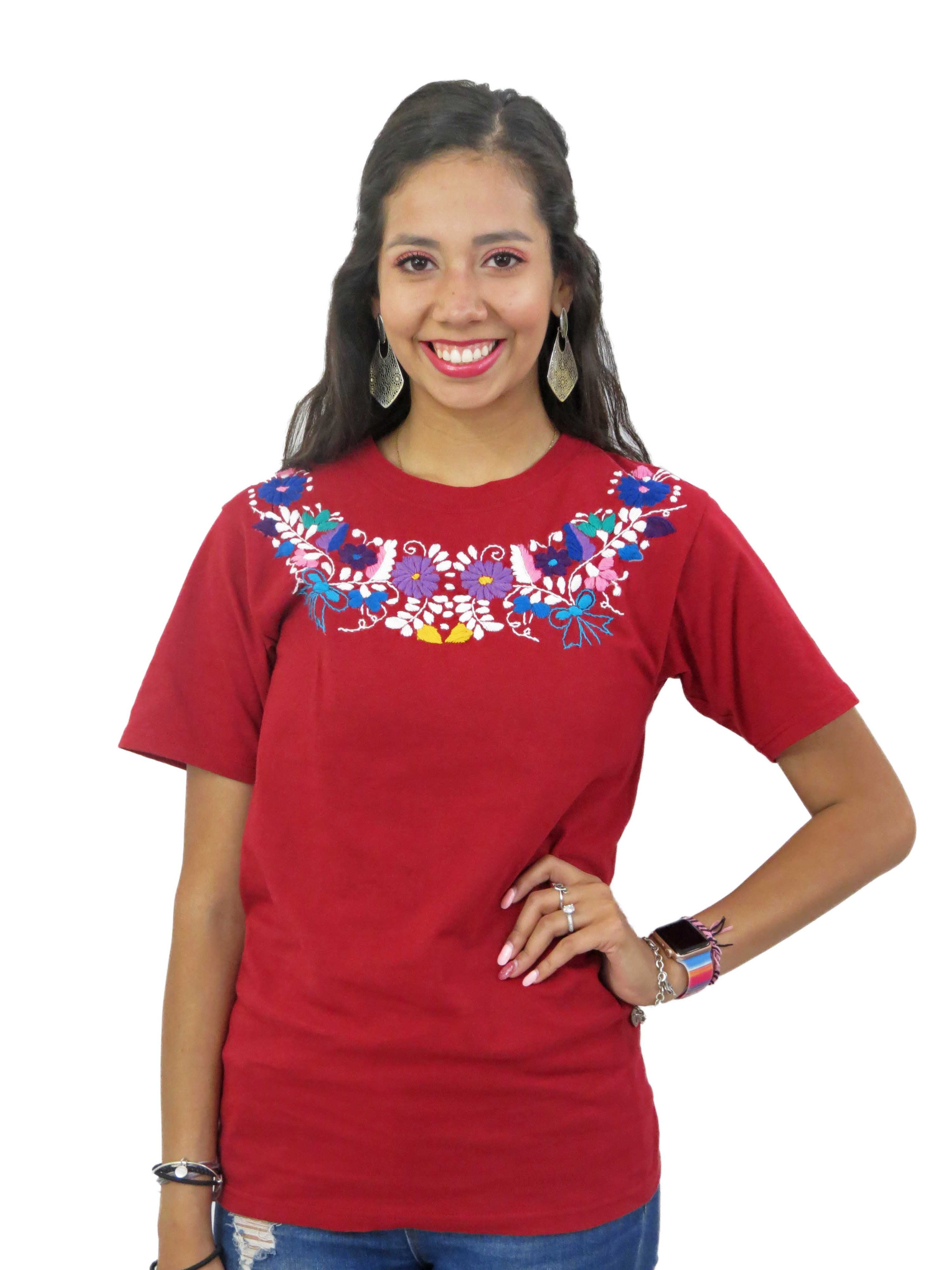 Leos Imports - Mexican Blouse Style Hand Embroidered T Shirt (Maroon ...