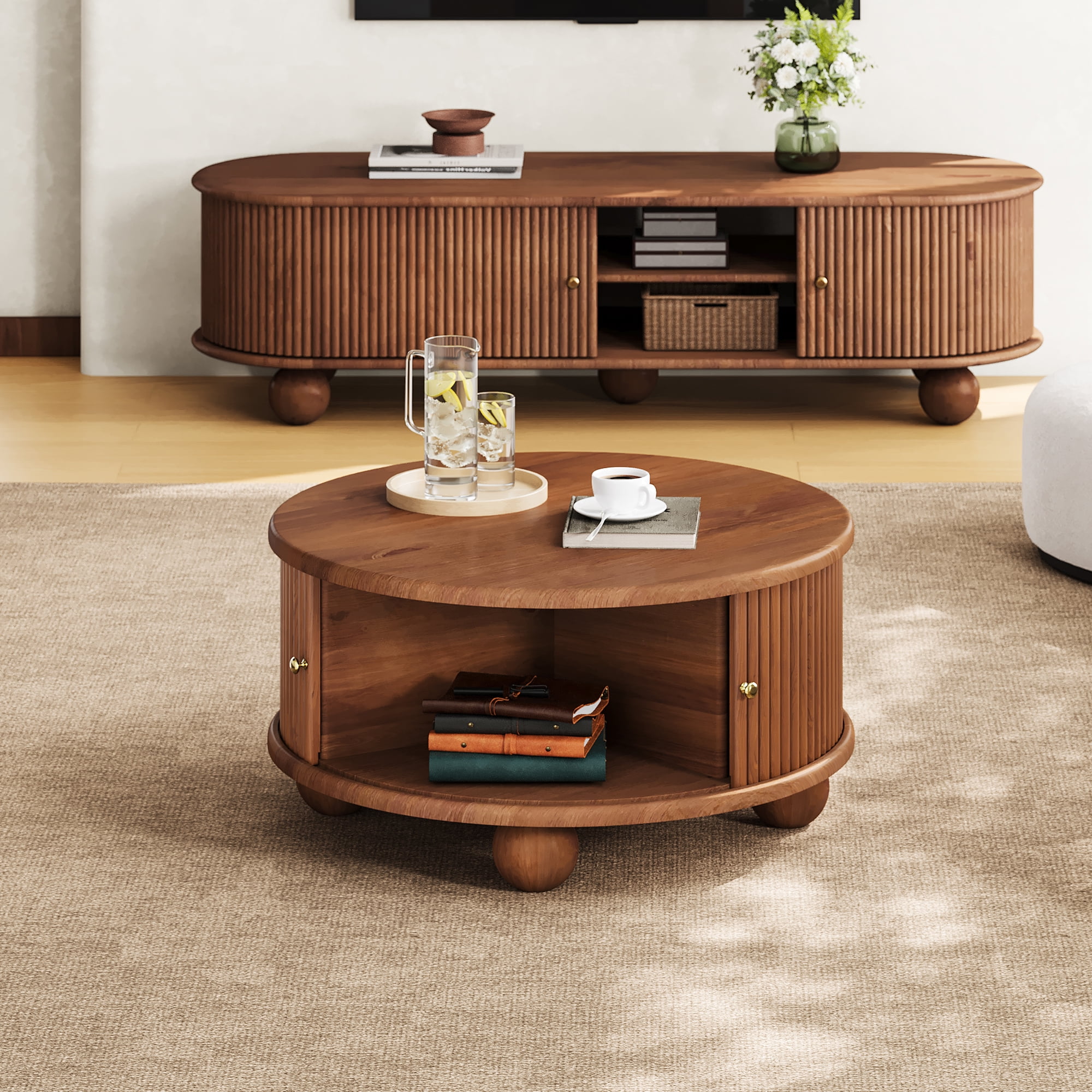 Euroco Round Fluted Coffee Table with Storage, Sliding Door, Walnut, 31.8"