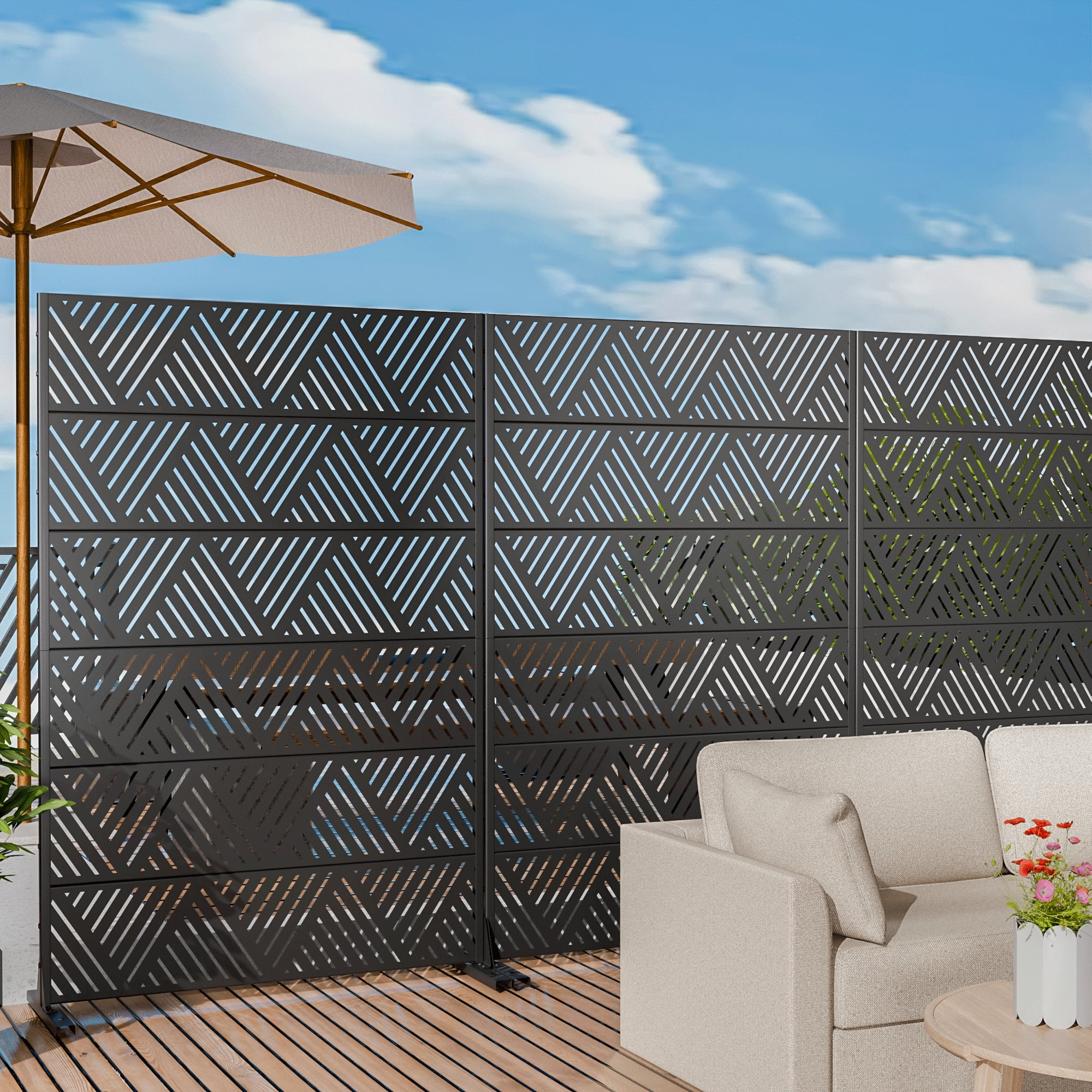 MAYEERTY 72×47" Outdoor Black Metal Privacy Panel Screen for Backyard & Garden, Triangular Diamond Pattern