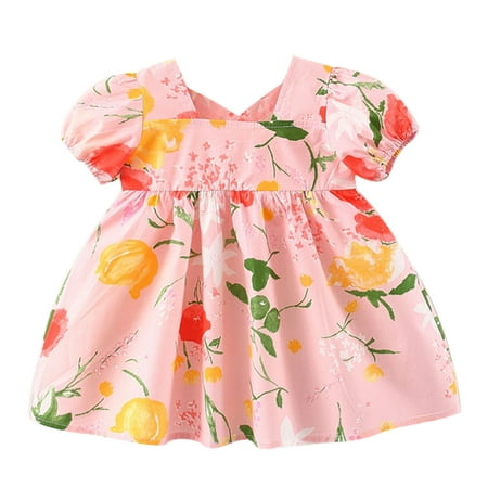 

DNDKILG Baby Toddler Girls Summer Dresses Floral Dress Short Sleeve Sundress Pink 1Y-4Y 90/8