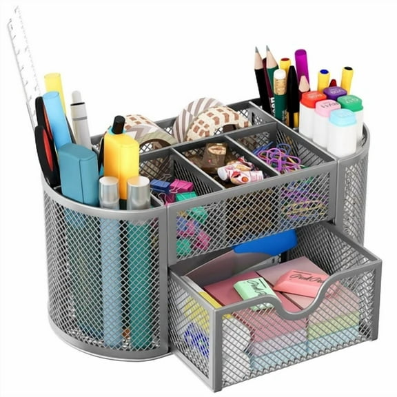 Silver Desk Organizer With 9 Compartments And Sliding Drawer For Office Home