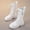 White, variant on Letdown Girls Lace Up Riding Boots Mid Calf Combat Boots Fashion Waterproof PU Leather Side Zipper Punk Goth Boot Kid/Big Kids