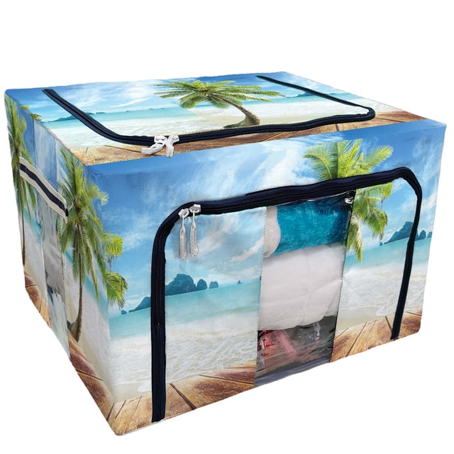 EREHome Wooden floor coconut palm tree at beach Storage Bag Clear Window Storage Bins Boxes Large Capacity Foldable Stackable Organizer With Steel Metal Frame For Bedding,Clothes,Closets, Bedrooms