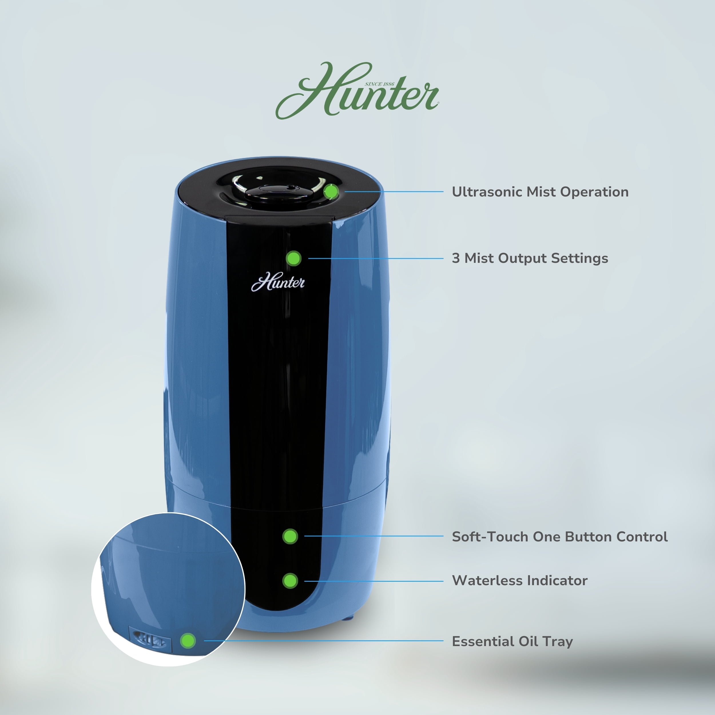 Hunter HHU400 Aspire Cool Mist 0.7 Gal Ultrasonic Humidifier, Denim
