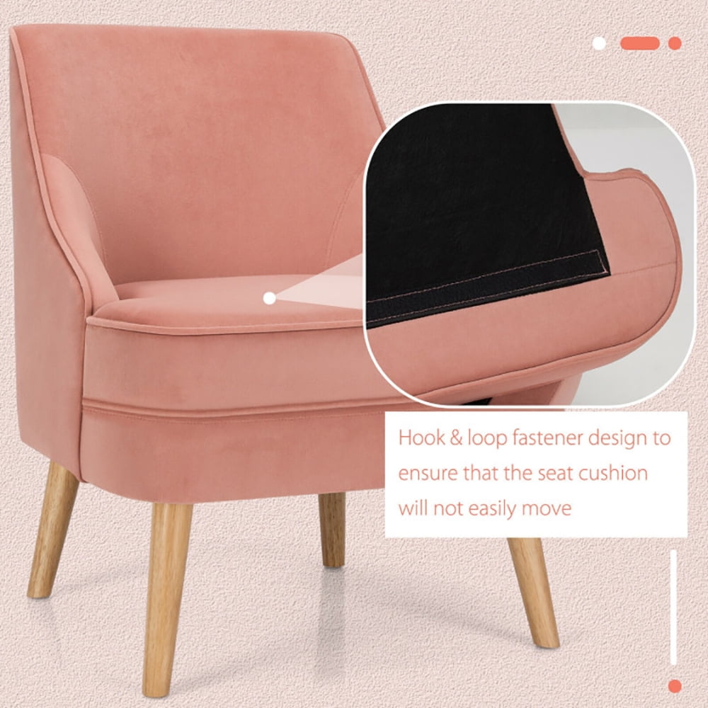 Finihen Velvet Accent Chair, Mid Century Velvet Accent Chair with Rubber Wood Legs, Thickly Padded, for Living Room, Bedroom, Pink