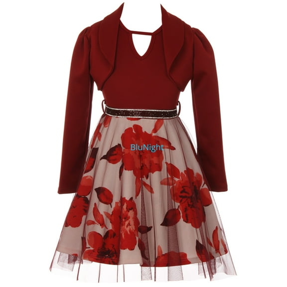 Little Girls 2 Pieces Set Floral Bolero Jacket Holiday Party Flower Girl Dress Burgundy 4 (2J1K47S)