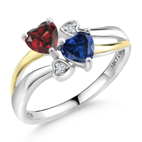 Red Garnet Blue Created Sapphire and Lab Grown Diamond Ring for Women | 925 Silver and 10K Yellow Gold | 1.12 Ct | Heart Shape 5MM | Wedding Engagement Anniversary Promise Ring | Size 6