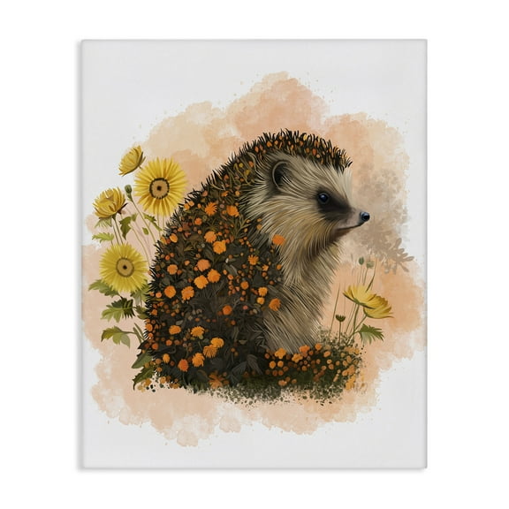 Stupell Industries Wildflower Patterned Hedgehog Animals & Insects Painting Gallery Wrapped Canvas Art Print Wall Art, 16 x 20