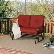 Peak Home Furnishings Indoor/Outdoor 2-Seat Glider Chair Patio Loveseat Rocking Bench with Cushions (Brown Frame/Brick Red Cushions)