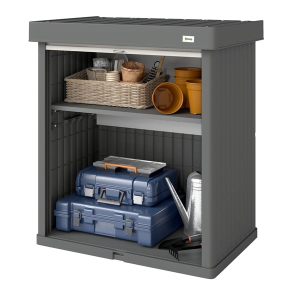 82 Gallon Vertical Outdoor Storage Cabinet, UV-Resistant PP Plastic Garden Shed with Roll-Up Door, Space-Saving Organizer for Patio, Porch, Poolside, Grey, 33.7"W x 22.2"D x 36.2"H
