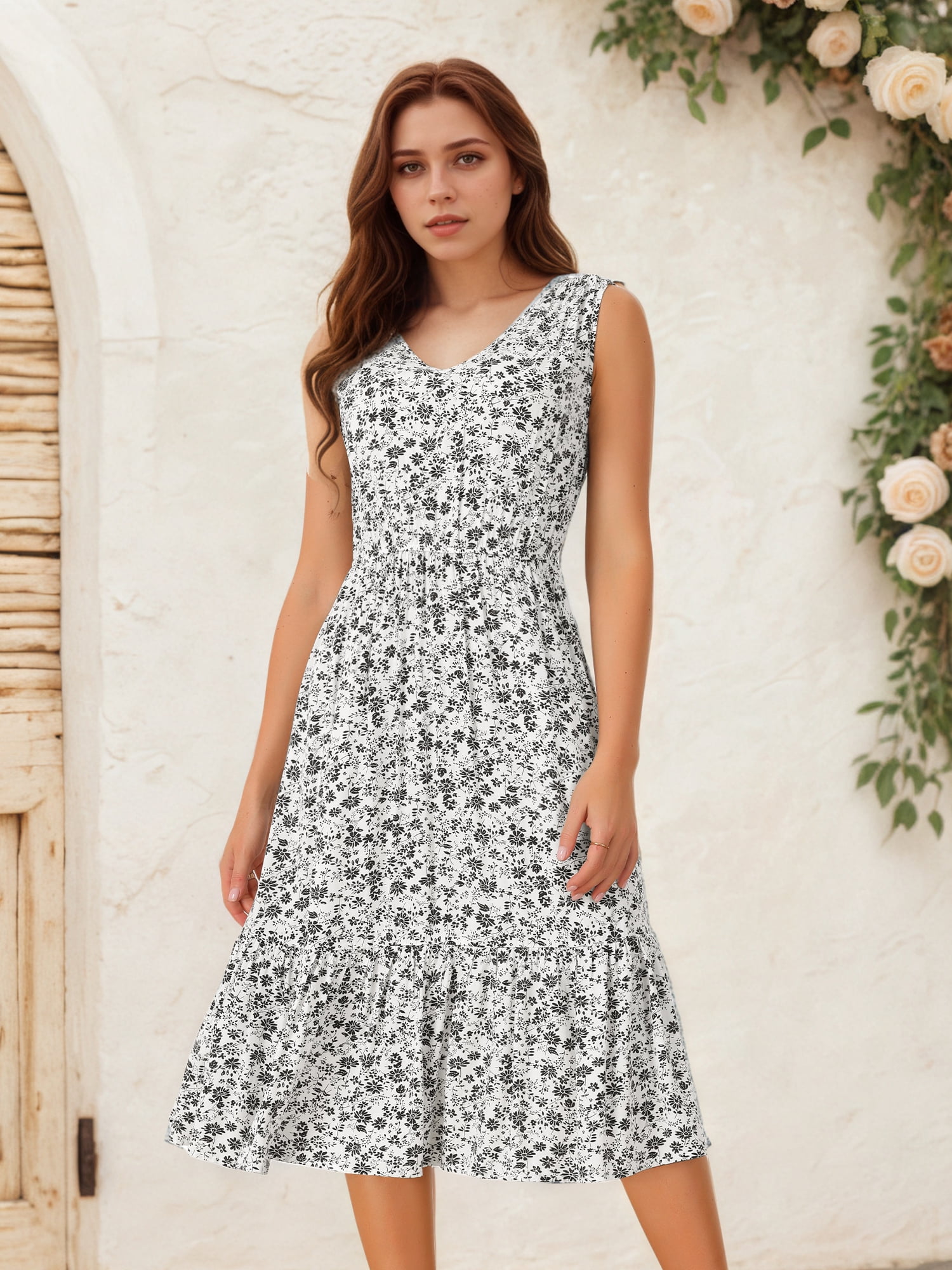 DARING DIVA Women's Floral V Neck Sleeveless Midi Dresses S White