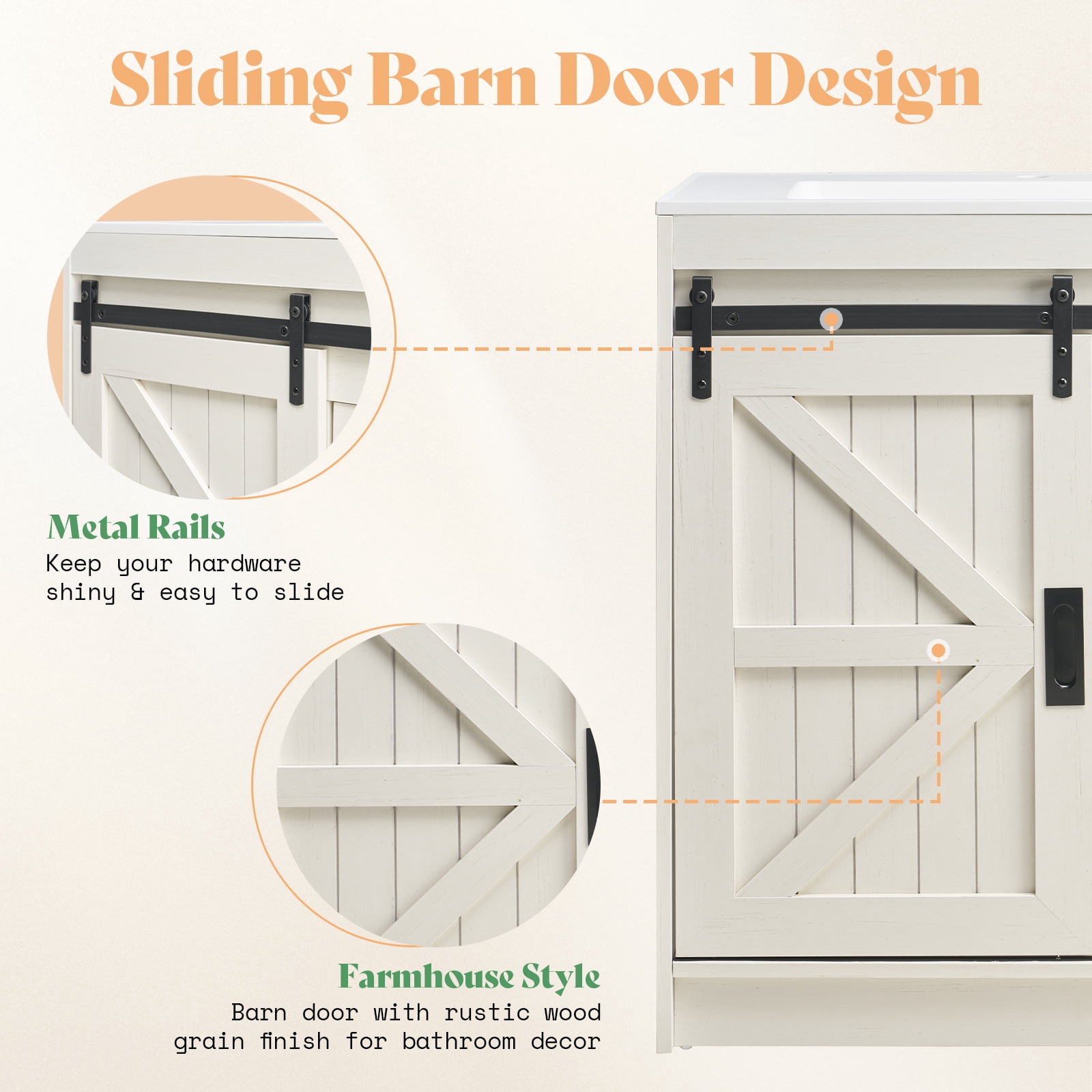 Merluxy 31" Sliding Barn Door Bathroom Vanity with Sink, Farmhouse Small Single Bath Vanity, White