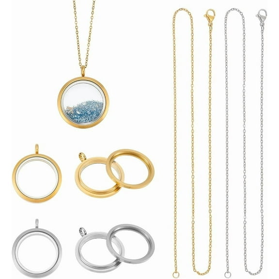 2 Sets 2 Colors Stainless Steel Living Memory Floating Locket Pendants Necklace Glass Photo Frame Locket Pendant for DIY Jewelry Necklace Making
