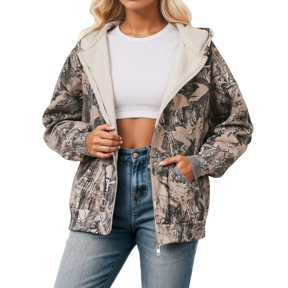 Women Camo Zip Up Hoodie Fleece Trendy Maple Leaf Print Long Sleeve Jackets Camouflage Loose Fit Sweatshirts with Pockets Z001-Coffee L