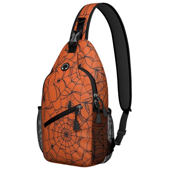 Sling Backpack,Halloween Orange Spider Web Pattern Sling Bag with Water Bottle Holder,Waterproof Sling Bag for Men/Women with Headphone Jack for Hiking,Travel