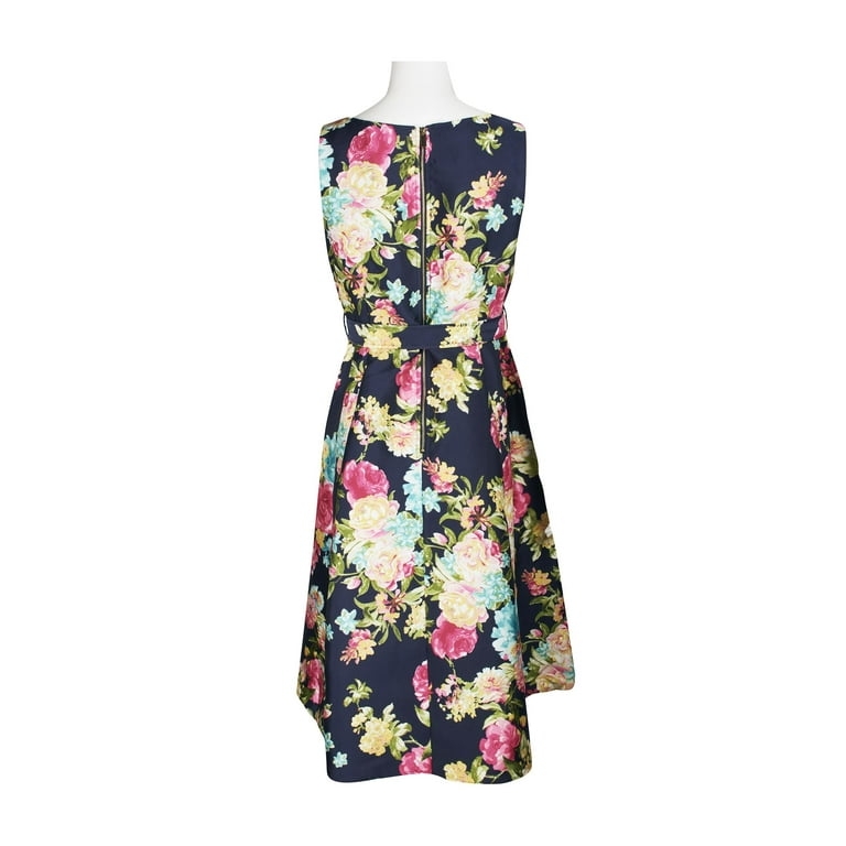 Emma Michele Square Neck Sleeveless Tie Waist Zipper Back Floral Print A Line Pockets Midi Taffeta Dress BLUE RED MULTI 12