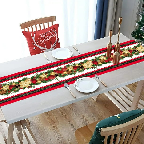 Christmas Table Runner Faux Linen Holiday Decor for Dining Table Party Decoration Indoor Outdoor Seasonal Festive Home Kitchen Decorations