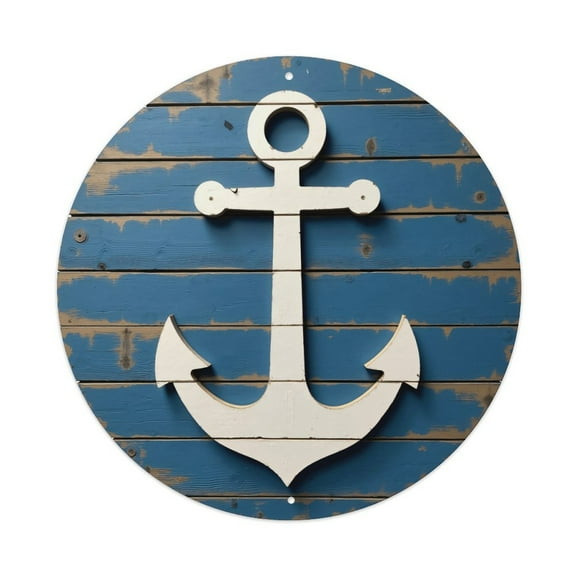 Round Metal Tin Sign Rustic Wall Decor Anchor Nautical Blue Round Metal Sign Plaque for Home Garden Kitchen Bar Cafe Restaurant Garage Retro Vintage Wall Art 8x8 Inch