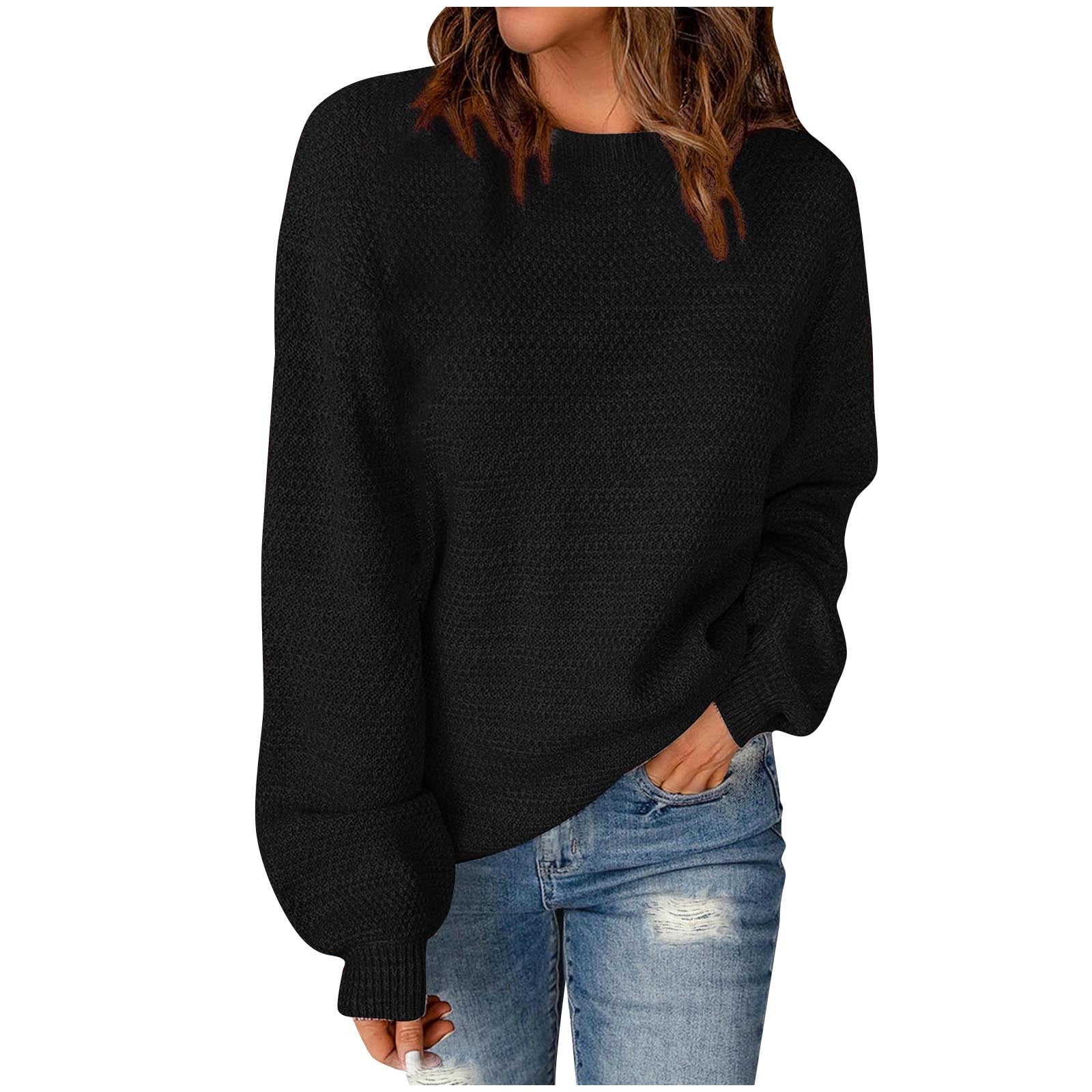 Free Shipping Women's Oversized Crewneck Sweater Puff Long Sleeve Cable Slouchy Pullover Jumper Tops Classic Solid Knit Sweaters