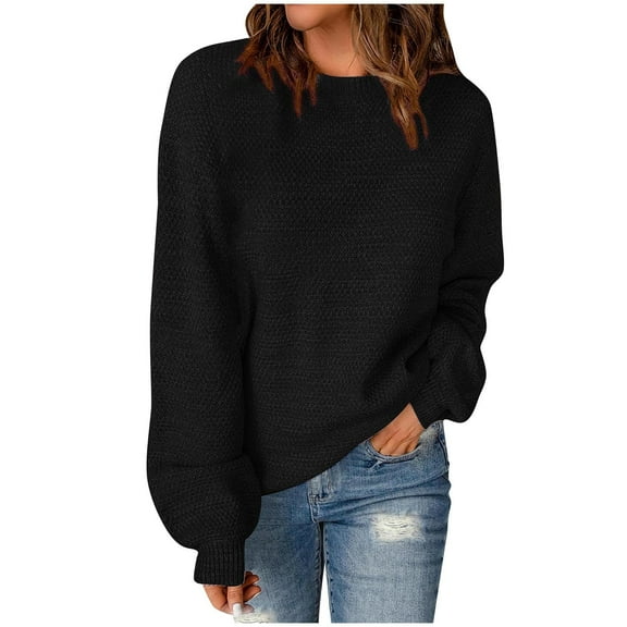 Womens Cable Knit Long Sleeve Sweater Crew Neck Solid Color Tops Casual Loose Pullover Sweatshirt Oversized Shirt (Black L)