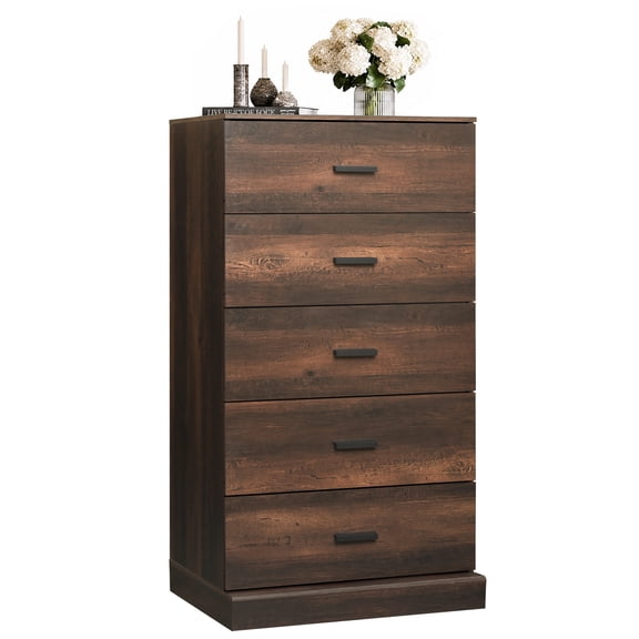 GALAXHERO 5 Drawers Dresser, Chest of Drawers for Bedroom, Tall Wood Storage Cabinet with Metal Handle for Living Room, Closet, Hallway, Brown