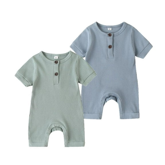 Baby Boy Girl 2 Pack Solid Romper Short Sleeve One Piece Jumpsuits Clothes Sets Light Green & Blue