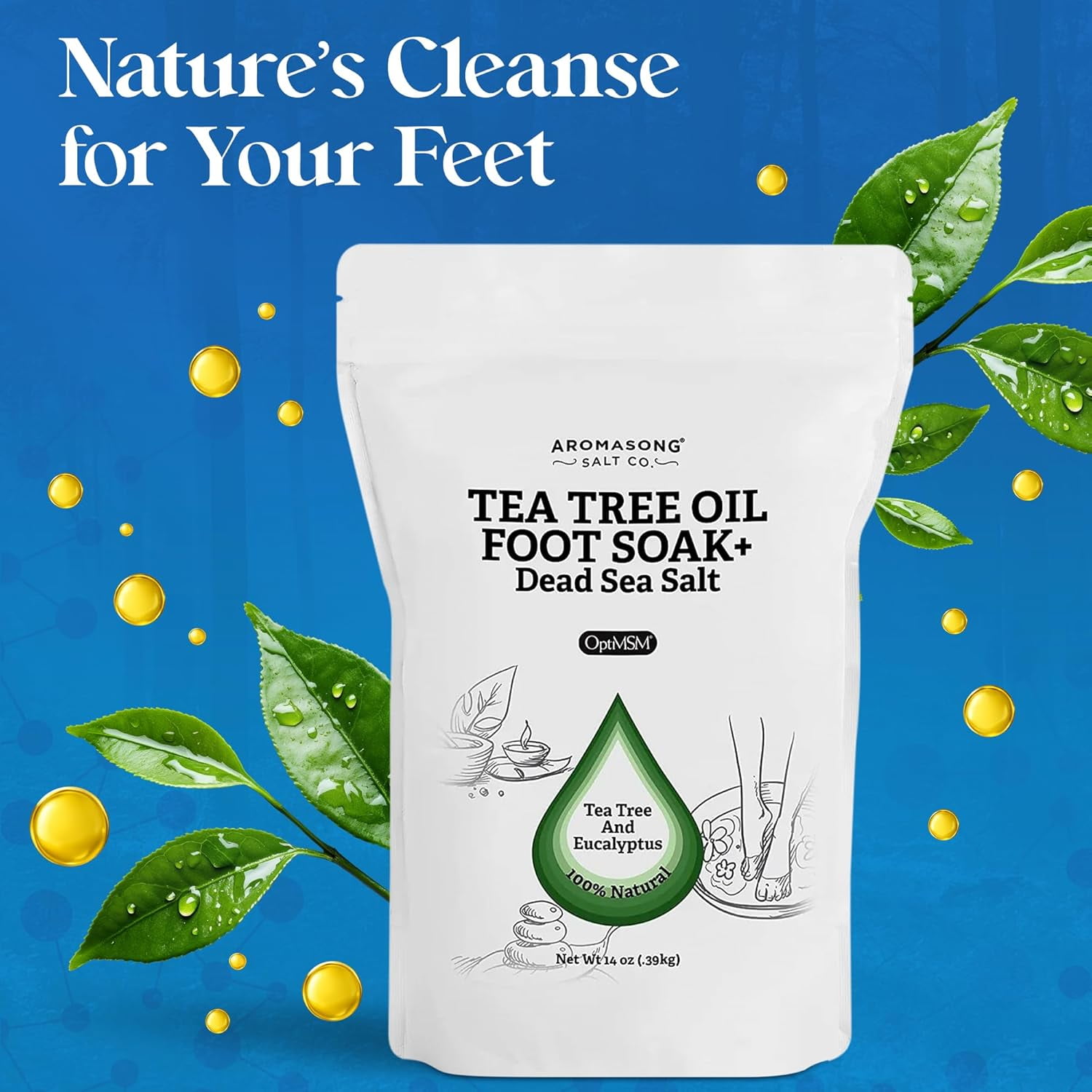 Aromasong Tea Tree Foot Soak with Dead Sea Foot Soaking Salts - Pedicure Soak for Dry Cracked Feet - Athlete's Callus Remover Soothes Sore Feet - Eliminates Odor - Made In USA -14 oz