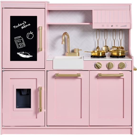 Best Choice Products Wooden Pretend Play Kitchen for Kids, Interactive Playset, 11 Accessories - Rose with Herringbone