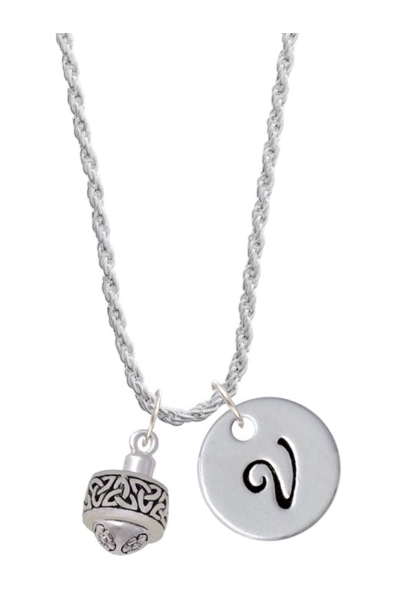 Silvertone Celtic Knot Trinity Band Spinner Silvertone Script Initial Disc - V - Charm Necklace, 20"+3"