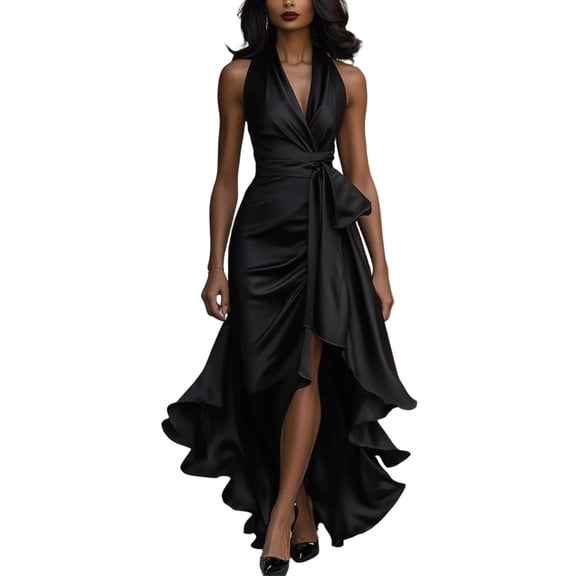 Staron Spring Dresses for Women Casual Party V-Neck Sleeveless Ruffle Hem A-Line Cocktail Dress, Black XXL