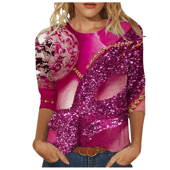 Tbopshirt 3/4 Sleeve Tops for Women,Mardi Gras Clothing,Women Gifts for Hers Casual Shirts Pullover Loose Tunic Tops Print Blouse,Womens Tops