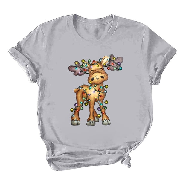 Camisas de Navidad Para Mujer Casual Cuello Redondo Manga Corta Impreso Top Odeerbi ODB205689