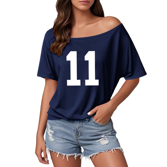 Essentials Womens Tees Tops Basic Shirts Number Print Off Shoulder Summer Short Sleeve 2025 Fall Outfits
